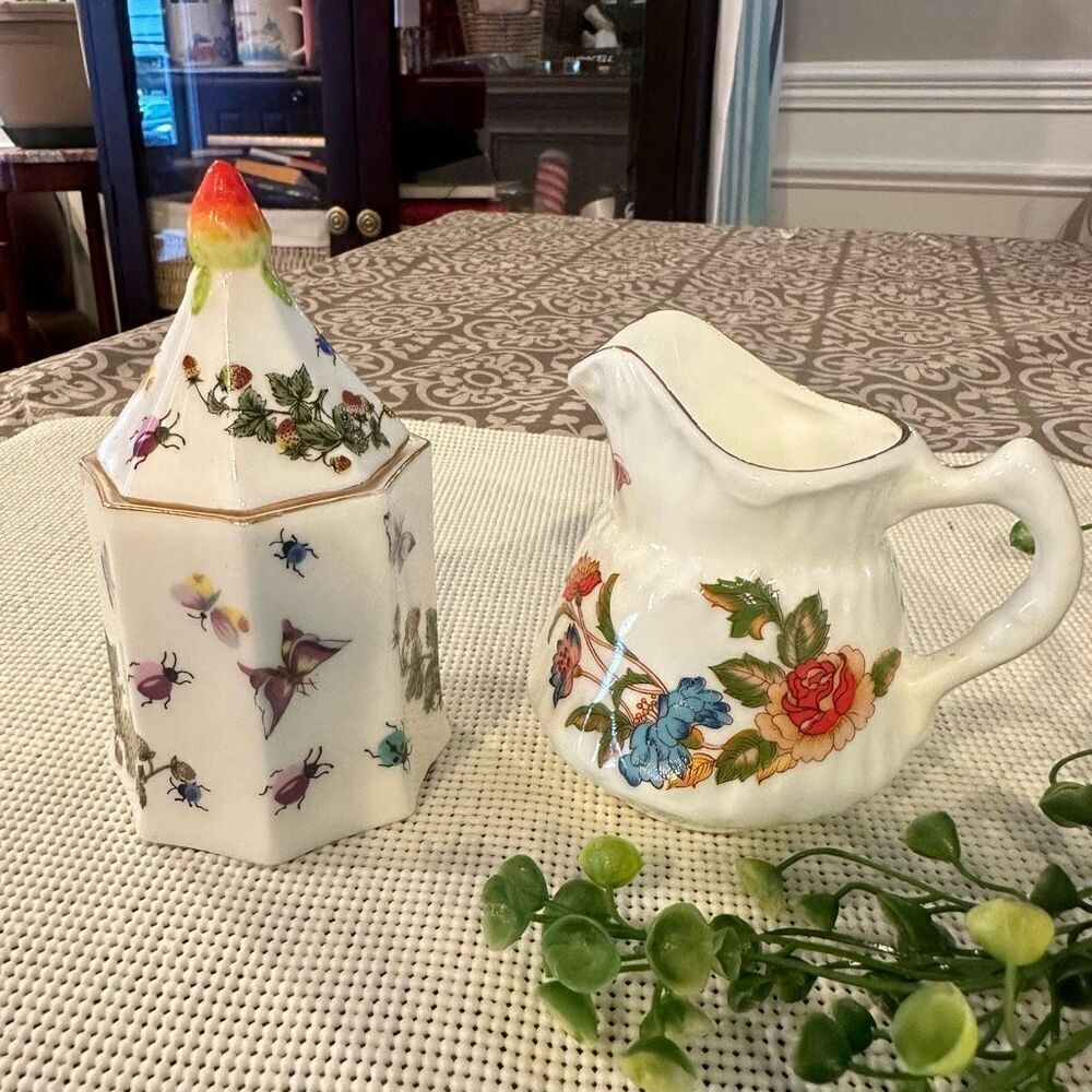 Ardalt Bone China Butterfly Handpainted Sugar Bowl and‎ Creamer Vintage Korea